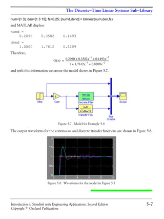 Introduction to Simulink with Engineering Applications, Second Edition 5−7
Copyright © Orchard Publications
The Discrete−Time Linear Systems Sub−Library
num=[1 3]; den=[1 3 15]; fs=0.25; [numd,dend] = bilinear(num,den,fs)
and MATLAB displays
numd =
0.2090 0.3582 0.1493
dend =
1.0000 1.7612 0.8209
Therefore,
and with this information we create the model shown in Figure 5.7.
Figure 5.7. Model for Example 5.4
The output waveforms for the continuous and discrete transfer functions are shown in Figure 5.8.
Figure 5.8. Waveforms for the model in Figure 5.7
G z( )
0.2090 0.3582z
1–
0.1493z
2–
+ +
1 1.7612z
1–
0.8209z
2–
+ +
-----------------------------------------------------------------------------=
 