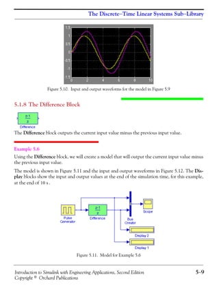 Introduction to Simulink with Engineering Applications, Second Edition 5−9
Copyright © Orchard Publications
The Discrete−Time Linear Systems Sub−Library
Figure 5.10. Input and output waveforms for the model in Figure 5.9
5.1.8 The Difference Block
The Difference block outputs the current input value minus the previous input value.
Example 5.6
Using the Difference block, we will create a model that will output the current input value minus
the previous input value.
The model is shown in Figure 5.11 and the input and output waveforms in Figure 5.12. The Dis-
play blocks show the input and output values at the end of the simulation time, for this example,
at the end of .
Figure 5.11. Model for Example 5.6
10 s
 