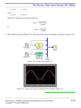 Introduction to Simulink with Engineering Applications, Second Edition 5−17
Copyright © Orchard Publications
The Discrete−Time Linear Systems Sub−Library
0.6000 0.2000
dend =
1.0000 0.6000
Therefore, the discrete transfer function is
or
c. The model is shown in Figure 5.21. The input and output waveforms are shown in Figure 5.22.
Figure 5.21. Model for Example 5.10
Figure 5.22. Input and output waveforms for the model in Figure 5.21
G z( ) 0.6 0.2z
1–
+
1 0.6z
1–
+
-----------------------------=
G z( )
z 1 3⁄+
z 0.6+
-------------------=
 