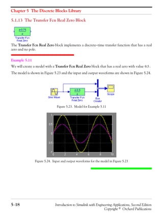 Chapter 5 The Discrete Blocks Library
5−18 Introduction to Simulink with Engineering Applications, Second Edition
Copyright © Orchard Publications
5.1.13 The Transfer Fcn Real Zero Block
The Transfer Fcn Real Zero block implements a discrete−time transfer function that has a real
zero and no pole.
Example 5.11
We will create a model with a Transfer Fcn Real Zero block that has a real zero with value .
The model is shown in Figure 5.23 and the input and output waveforms are shown in Figure 5.24.
Figure 5.23. Model for Example 5.11
Figure 5.24. Input and output waveforms for the model in Figure 5.23
0.5
 