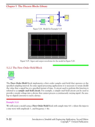 Chapter 5 The Discrete Blocks Library
5−22 Introduction to Simulink with Engineering Applications, Second Edition
Copyright © Orchard Publications
Figure 5.28. Model for Example 5.13
Figure 5.29. Input and output waveforms for the model in Figure 5.28
5.2.2 The First−Order Hold Block
The First−Order Hold block implements a first−order sample−and−hold that operates at the
specified sampling interval. In some signal processing applications it is necessary to retain (hold)
the value that a signal has at a specified instant of time. A circuit used to perform this function is
referred to as sample−and−hold circuit. For example, a sample−and−hold circuit can be used to
provide a steady voltage into a device that cannot process a continuously varying signal. An ana-
log−to−digital converter is such a device.
Example 5.14
We will create a model using a First−Order Hold block with sample time where the input is
a sine wave with amplitude , and frequency .
0.5 s
1 1 Hz
 