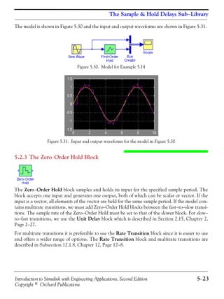 Introduction to Simulink with Engineering Applications, Second Edition 5−23
Copyright © Orchard Publications
The Sample & Hold Delays Sub−Library
The model is shown in Figure 5.30 and the input and output waveforms are shown in Figure 5.31.
Figure 5.30. Model for Example 5.14
Figure 5.31. Input and output waveforms for the model in Figure 5.30
5.2.3 The Zero−Order Hold Block
The Zero−Order Hold block samples and holds its input for the specified sample period. The
block accepts one input and generates one output, both of which can be scalar or vector. If the
input is a vector, all elements of the vector are held for the same sample period. If the model con-
tains multirate transitions, we must add Zero−Order Hold blocks between the fast−to−slow transi-
tions. The sample rate of the Zero−Order Hold must be set to that of the slower block. For slow−
to−fast transitions, we use the Unit Delay block which is described in Section 2.15, Chapter 2,
Page 2−27.
For multirate transitions it is preferable to use the Rate Transition block since it is easier to use
and offers a wider range of options. The Rate Transition block and multirate transitions are
described in Subsection 12.1.8, Chapter 12, Page 12−8.
 