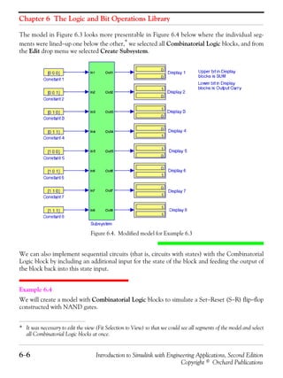 Chapter 6 The Logic and Bit Operations Library
6−6 Introduction to Simulink with Engineering Applications, Second Edition
Copyright © Orchard Publications
The model in Figure 6.3 looks more presentable in Figure 6.4 below where the individual seg-
ments were lined−up one below the other,* we selected all Combinatorial Logic blocks, and from
the Edit drop menu we selected Create Subsystem.
Figure 6.4. Modified model for Example 6.3
We can also implement sequential circuits (that is, circuits with states) with the Combinatorial
Logic block by including an additional input for the state of the block and feeding the output of
the block back into this state input.
Example 6.4
We will create a model with Combinatorial Logic blocks to simulate a Set−Reset (S−R) flip−flop
constructed with NAND gates.
* It was necessary to edit the view (Fit Selection to View) so that we could see all segments of the model and select
all Combinatorial Logic blocks at once.
 