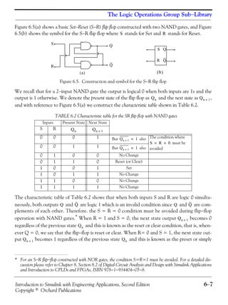Introduction to Simulink with Engineering Applications, Second Edition 6−7
Copyright © Orchard Publications
The Logic Operations Group Sub−Library
Figure 6.5(a) shows a basic Set−Reset (S−R) flip flop constructed with two NAND gates, and Figure
6.5(b) shows the symbol for the S−R flip flop where stands for Set and stands for Reset.
Figure 6.5. Construction and symbol for the S−R flip flop
We recall that for a 2−input NAND gate the output is logical 0 when both inputs are 1s and the
output is 1 otherwise. We denote the present state of the flip flop as and the next state as ,
and with reference to Figure 6.5(a) we construct the characteristic table shown in Table 6.2.
The characteristic table of Table 6.2 shows that when both inputs S and R are logic 0 simulta-
neously, both outputs and are logic 1 which is an invalid condition since and are com-
plements of each other. Therefore. the S = R = 0 condition must be avoided during flip−flop
operation with NAND gates.* When R = 1 and S = 0, the next state output becomes 0
regardless of the previous state and this is known as the reset or clear condition, that is, when-
ever Q = 0, we say that the flip−flop is reset or clear. When R= 0 and S = 1, the next state out-
put becomes 1 regardless of the previous state and this is known as the preset or simply
TABLE 6.2 Characteristic table for the SR flip flop with NAND gates
Inputs Present State Next State
S R
0 0 0 1 But also The condition where
must be
avoided0 0 1 1 But also
0 1 0 0 No Change
0 1 1 0 Reset (or Clear)
1 0 0 1 Set
1 0 1 1 No Change
1 1 0 0 No Change
1 1 1 1 No Change
* For an S−R flip−flop constructed with NOR gates, the condition S=R=1 must be avoided. For a detailed dis-
cussion please refer to Chapter 8, Section 8.2 of Digital Circuit Analysis and Design with Simulink Applications
and Introduction to CPLDs and FPGAs, ISBN 978−1−934404−05−8.
S R
S
R
a( )
Q
Q
S
R
Q
Q
b( )
Qn Qn 1+
Qn Qn 1+
Qn 1+ 1=
S R 0= =
Qn 1+ 1=
Q Q Q Q
Qn 1+
Qn
Qn 1+ Qn
 