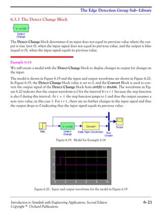 Introduction to Simulink with Engineering Applications, Second Edition 6−21
Copyright © Orchard Publications
The Edge Detection Group Sub−Library
6.3.3 The Detect Change Block
The Detect Change block determines if an input does not equal its previous value where the out-
put is true (not 0), when the input signal does not equal its previous value, and the output is false
(equal to 0), when the input signal equals its previous value.
Example 6.14
We will create a model with the Detect Change block to display changes in output for changes in
the input.
The model is shown in Figure 6.19 and the input and output waveforms are shown in Figure 6.20.
In Figure 6.19, the Detect Change block value is set to 0, and the Convert Block is used to con-
vert the output signal of the Detect Change block from uint(8) to double. The waveforms in Fig-
ure 6.20 indicate that the output waveform is 0 for the interval because the step function
is also 0 during this interval. At the step function jumps to 1 and thus the output assumes a
non−zero value, in this case 1. For , there are no further changes in the input signal and thus
the output drops to 0 indicating that the input signal equals its previous value.
Figure 6.19. Model for Example 6.14
Figure 6.20. Input and output waveforms for the model in Figure 6.19
0 t 1< <
t 1=
t 1>
 