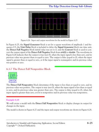 Introduction to Simulink with Engineering Applications, Second Edition 6−25
Copyright © Orchard Publications
The Edge Detection Group Sub−Library
Figure 6.26. Input and output waveforms for the model in Figure 6.25
In Figure 6.25, the Signal Generator block is set for a square waveform of amplitude 1 and fre-
quency 0.5, the Unit Delay block is included to delay the Signal Generator block one time unit,
the Detect Fall Negative block initial value was set to 0, and the Convert block is used to con-
vert the output signal of the Detect Fall Negative block from uint(8) to double. The waveforms in
Figure 6.26 indicate that the output is true (not 0), when the input signal is less than zero, and its
previous value was greater than or equal to zero. The output is false (equal to 0), when the input
signal is greater than or equal to zero, or if the input signal is nonnegative and its previous value
was positive or zero.
6.3.7 The Detect Fall Nonpositive Block
The Detect Fall Nonpositive block determines if the input is less than or equal to zero, and its
previous value was positive. The output is true (not 0), when the input signal is less than or equal
to zero, and its previous value was greater than zero. The output is false (equal to 0), when the
input signal is greater than zero, or if it is nonpositive and its previous value was nonpositive.
Example 6.18
We will create a model with the Detect Fall Nonpositive block to display changes in output for
changes in the input.
The model is shown in Figure 6.27 and the input and output waveforms are shown in Figure 6.28.
 