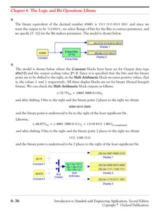 Chapter 6 The Logic and Bit Operations Library
6−36 Introduction to Simulink with Engineering Applications, Second Edition
Copyright © Orchard Publications
8.
The binary equivalent of the decimal number is and since we
want the output to be , we select Range of bits for the Bits to extract parameter, and
we specify [5 12] for the Bit indices parameter. The model is shown below.
9.
The model is shown below where the Constant blocks have been set for Output data type
sfix(12) and the output scaling value 2^−3. Since it is specified that the bits and the binary
point are to be shifted to the right, in the Shift Arithmetic block we enter positive values, that
is, the values and respectively. All three display blocks are set for binary (Stored Integer)
format. We can check the Shift Arithmetic block outputs as follows:
and after shifting 3 bits to the right and the binary point 2 places to the right we obtain
and the binary point is understood to be to the right of the least significant bit.
Likewise,
and after shifting 3 bits to the right and the binary point 2 places to the right we obtain
and the binary point is understood to be 2 places to the right of the least significant bit.
65403 1111 1111 0111 1011
11110111
3 2
+32.75( )10 0001 0000 0.110( )2=
0000 0010 0000
48.875–( )10 0001 1000 0.111–( )2 1110 0111 1.001( )2s complement= =
1111 1100 1111
Shift
Arithmetic
Vy = Vu * 2^-1
Qy = Qu >> 3
Ey = Eu + 2
Display 3
(SI) bin 1110 0111 1001
Display 2
(SI) bin 0000 0010 0000
(SI) bin 1111 1100 1111
Display 1
(SI) bin 0001 0000 0110
Constant 2
-48.875
Constant 1
32.75
Bus
Creator
 