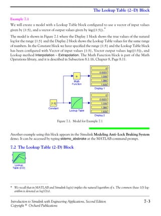 Introduction to Simulink with Engineering Applications, Second Edition 7−3
Copyright © Orchard Publications
The Lookup Table (2−D) Block
Example 7.1
We will create a model with a Lookup Table block configured to use a vector of input values
given by , and a vector of output values given by .*
The model is shown in Figure 7.1 where the Display 1 block shows the true values of the natural
log for the range and the Display 2 block shows the Lookup Table values for the same range
of numbers. In the Constant block we have specified the range and the Lookup Table block
has been configured with Vector of input values , Vector output values , and
Lookup method Interpolation − Extrapolation. The Math Function block is part of the Math
Operations library, and it is described in Subsection 8.1.16, Chapter 8, Page 8.11.
Figure 7.1. Model for Example 7.1
Another example using this block appears in the Simulink Modeling Anti−Lock Braking System
demo. It can be accessed by typing sldemo_absbrake at the MATLAB command prompt.
7.2 The Lookup Table (2−D) Block
* We recall that in MATLAB and Simulink log(x) implies the natural logarithm of x. The common (base 10) log-
arithm is denoted as log10(x).
1:5[ ] 1:5[ ]( )log
1:5[ ]
1:5[ ]
1:5[ ] 1:5[ ]( )log
 