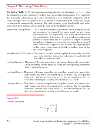 Chapter 7 The Lookup Tables Library
7−4 Introduction to Simulink with Engineering Applications, Second Edition
Copyright © Orchard Publications
The Lookup Table (2−D) block computes an approximation for a function when
the data points x, y, and z are given. The Row index input values parameter is a vector of x
data points, the Column index input values parameter is a vector of y data points, and the
Matrix of output values parameter is an matrix of z data points. Both the row and column
vectors must be monotonically increasing. The block generates output based on the input values
using one of these methods selected from the Look−up method parameter list:
Interpolation−Extrapolation — This is the default method; it performs linear interpolation and
extrapolation of the inputs. If the inputs match row and column
parameter values, the output is the value at the intersection of the
row and column. If the inputs do not match row and column
parameter values, then the block generates output by linearly
interpolating between the appropriate row and column values. If
either or both block inputs are less than the first or greater than
the last row or column values, the block extrapolates using the first
two or last two points.
Interpolation−Use End Values — This method performs linear interpolation as described above but
does not extrapolate outside the end points of x and y. Instead,
the end−point values are used.
Use Input Nearest — This method does not interpolate or extrapolate. Instead, the elements in x
and y nearest the current inputs are found. The corresponding element in z
is then used as the output.
Use Input Below — This method does not interpolate or extrapolate. Instead, the elements in x
and y nearest and below the current inputs are found. The corresponding
element in z is then used as the output. If there are no elements in x or y
below the current inputs, then the nearest elements are found.
Use Input Above — This method does not interpolate or extrapolate. Instead, the elements in x
and y nearest and above the current inputs are found. The corresponding
element in z is then used as the output. If there are no elements in x or y
above the current inputs, then the nearest elements are found.
Example 7.2
Consider the matrix
z f x y,( )=
1 m×
1 n×
m n×
A
1 1 j– 2
1 j+ 3 j
2 j– 0
=
 
