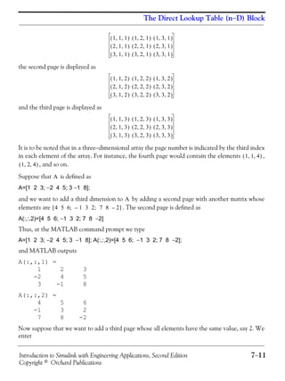 Introduction to Simulink with Engineering Applications, Second Edition 7−11
Copyright © Orchard Publications
The Direct Lookup Table (n−D) Block
the second page is displayed as
and the third page is displayed as
It is to be noted that in a three−dimensional array the page number is indicated by the third index
in each element of the array. For instance, the fourth page would contain the elements ,
, and so on.
Suppose that is defined as
A=[1 2 3; −2 4 5; 3 −1 8];
and we want to add a third dimension to by adding a second page with another matrix whose
elements are . The second page is defined as
A(:,:,2)=[4 5 6; −1 3 2; 7 8 −2]
Thus, at the MATLAB command prompt we type
A=[1 2 3; −2 4 5; 3 −1 8]; A(:,:,2)=[4 5 6; −1 3 2; 7 8 −2];
and MATLAB outputs
A(:,:,1) =
1 2 3
-2 4 5
3 -1 8
A(:,:,2) =
4 5 6
-1 3 2
7 8 -2
Now suppose that we want to add a third page whose all elements have the same value, say 2. We
enter
1 1 1, ,( ) 1 2 1, ,( ) 1 3 1, ,( )
2 1 1, ,( ) 2 2 1, ,( ) 2 3 1, ,( )
3 1 1, ,( ) 3 2 1, ,( ) 3 3 1, ,( )
1 1 2, ,( ) 1 2 2, ,( ) 1 3 2, ,( )
2 1 2, ,( ) 2 2 2, ,( ) 2 3 2, ,( )
3 1 2, ,( ) 3 2 2, ,( ) 3 3 2, ,( )
1 1 3, ,( ) 1 2 3, ,( ) 1 3 3, ,( )
2 1 3, ,( ) 2 2 3, ,( ) 2 3 3, ,( )
3 1 3, ,( ) 3 2 3, ,( ) 3 3 3, ,( )
1 1 4, ,( )
1 2 4, ,( )
A
A
4 5 6; 1 3 2; 7 8 2––[ ]
 