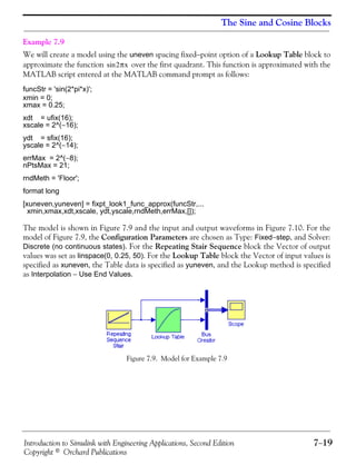 Introduction to Simulink with Engineering Applications, Second Edition 7−19
Copyright © Orchard Publications
The Sine and Cosine Blocks
Example 7.9
We will create a model using the uneven spacing fixed−point option of a Lookup Table block to
approximate the function over the first quadrant. This function is approximated with the
MATLAB script entered at the MATLAB command prompt as follows:
funcStr = 'sin(2*pi*x)';
xmin = 0;
xmax = 0.25;
xdt = ufix(16);
xscale = 2^(−16);
ydt = sfix(16);
yscale = 2^(−14);
errMax = 2^(−8);
nPtsMax = 21;
rndMeth = 'Floor';
format long
[xuneven,yuneven] = fixpt_look1_func_approx(funcStr,...
xmin,xmax,xdt,xscale, ydt,yscale,rndMeth,errMax,[]);
The model is shown in Figure 7.9 and the input and output waveforms in Figure 7.10. For the
model of Figure 7.9, the Configuration Parameters are chosen as Type: Fixed−step, and Solver:
Discrete (no continuous states). For the Repeating Stair Sequence block the Vector of output
values was set as linspace(0, 0.25, 50). For the Lookup Table block the Vector of input values is
specified as xuneven, the Table data is specified as yuneven, and the Lookup method is specified
as Interpolation − Use End Values.
Figure 7.9. Model for Example 7.9
2πxsin
 