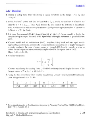 Introduction to Simulink with Engineering Applications, Second Edition 7−23
Copyright © Orchard Publications
Exercises
7.10 Exercises
1. Define a lookup table that will display a square waveform in the ranges and
.
2. Bessel functions* of the first kind are denoted as where the subscript n indicates the
order for . Thus, denotes the zero order of the first kind of Bessel func-
tions. Create a model with a Lookup Table block configured to display the values of x from 0 to
1.0 in steps of 0.1 for .
3. It is given that a=ones(5,5,3,4,2); L=prod(size(a)); a(1:L)=[1:L]'; Create a model to display the
output corresponding to this array if the Input select this object from table is specified as col-
umn.
4. Create a model with an Interpolation (n−D) Using PreLookup block with two input indices
representing the rows and columns of a square matrix and the output set to display the square
root of a number in the range of integer numbers 1 through 100. For this example, we want to
define the two inputs such that the output displayed will be the square root of 19.25.
Hint: .
5. Consider the matrix
Create a model using the Lookup Table (2−D) block to interpolate and display the value of the
Inverse matrix of A at .
6. Using the data of the table below create a model with a Lookup Table Dynamic block to com-
pute an approximation to .
* For a detailed discussion of Bessel functions, please refer to Numerical Analysis Using MATLAB and Excel,
ISBN 978−1−934408−03−4.
x 1.1 1.2 1.5 1.7 1.8 2.0
y=f(x) 1.112 1.219 1.636 2.054 2.323 3.011
2 x 2< <–
1 y 1< <–
Jn x( )
n 0 1 2 3 …, , , ,= J0 x( )
J0 x( )
19.25 3.5 5.5×=
A
1 1 j– 2
1 j+ 3 j
2 j– 0
=
x y,( ) 2.75 5.25,( )=
f 1.35( )
 