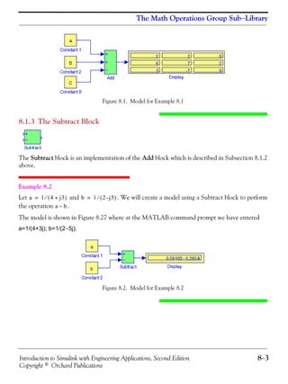 Introduction to Simulink with Engineering Applications, Second Edition 8−3
Copyright © Orchard Publications
The Math Operations Group Sub−Library
Figure 8.1. Model for Example 8.1
8.1.3 The Subtract Block
The Subtract block is an implementation of the Add block which is described in Subsection 8.1.2
above.
Example 8.2
Let and . We will create a model using a Subtract block to perform
the operation .
The model is shown in Figure 8.27 where at the MATLAB command prompt we have entered
a=1/(4+3j); b=1/(2−5j);
Figure 8.2. Model for Example 8.2
a 1 4 j3+( )⁄= b 1 2 j– 5( )⁄=
a b–
 