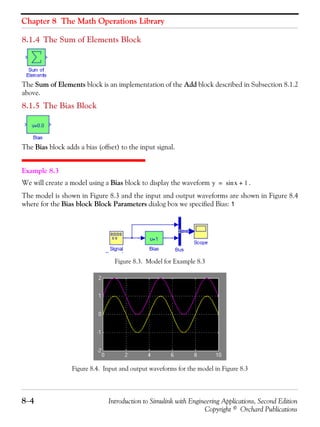 Chapter 8 The Math Operations Library
8−4 Introduction to Simulink with Engineering Applications, Second Edition
Copyright © Orchard Publications
8.1.4 The Sum of Elements Block
The Sum of Elements block is an implementation of the Add block described in Subsection 8.1.2
above.
8.1.5 The Bias Block
The Bias block adds a bias (offset) to the input signal.
Example 8.3
We will create a model using a Bias block to display the waveform .
The model is shown in Figure 8.3 and the input and output waveforms are shown in Figure 8.4
where for the Bias block Block Parameters dialog box we specified Bias: 1
Figure 8.3. Model for Example 8.3
Figure 8.4. Input and output waveforms for the model in Figure 8.3
y xsin 1+=
 