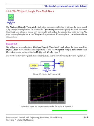Introduction to Simulink with Engineering Applications, Second Edition 8−5
Copyright © Orchard Publications
The Math Operations Group Sub−Library
8.1.6 The Weighted Sample Time Math Block
The Weighted Sample Time Math block adds, subtracts, multiplies, or divides the input signal,
u, by a weighted sample time Ts. We use the Operation parameter to specify the math operation.
This block also allows us to use only the weight with either the sample time or its inverse. We
enter the weighting factor in the Weight value parameter. If the weight is 1, w is removed from
the equation.
Example 8.4
We will create a model using a Weighted Sample Time Math block where the input signal is a
Digital Clock block specified at Sample time 1, and the Weighted Sample Time Math block
Operation parameter is specified as Divide with Weight value 2.
The model is shown in Figure 8.5 and the input and output waveforms are shown in Figure 8.6.
Figure 8.5. Model for Example 8.4
Figure 8.6. Input and output waveforms for the model in Figure 8.5
 