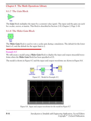 Chapter 8 The Math Operations Library
8−6 Introduction to Simulink with Engineering Applications, Second Edition
Copyright © Orchard Publications
8.1.7 The Gain Block
The Gain block multiplies the input by a constant value (gain). The input and the gain can each
be a scalar, vector, or matrix. This block is described in Section 2.10, Chapter 2, Page 2−18.
8.1.8 The Slider Gain Block
The Slider Gain block is used to vary a scalar gain during a simulation. The default for the lower
limit is 0, and the default for the upper limit is 2.
Example 8.5
We will create a model using a Slider Gain block to display the input and output sinusoidal wave-
forms when the Slider Gain block has been specified as 0.5.
The model is shown in Figure 8.7 and the input and output waveforms are shown in Figure 8.8.
Figure 8.7. Model for Example 8.5
Figure 8.8. Input and output waveforms for the model in Figure 8.7
 