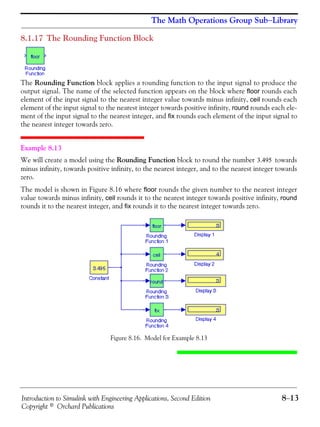 Introduction to Simulink with Engineering Applications, Second Edition 8−13
Copyright © Orchard Publications
The Math Operations Group Sub−Library
8.1.17 The Rounding Function Block
The Rounding Function block applies a rounding function to the input signal to produce the
output signal. The name of the selected function appears on the block where floor rounds each
element of the input signal to the nearest integer value towards minus infinity, ceil rounds each
element of the input signal to the nearest integer towards positive infinity, round rounds each ele-
ment of the input signal to the nearest integer, and fix rounds each element of the input signal to
the nearest integer towards zero.
Example 8.13
We will create a model using the Rounding Function block to round the number towards
minus infinity, towards positive infinity, to the nearest integer, and to the nearest integer towards
zero.
The model is shown in Figure 8.16 where floor rounds the given number to the nearest integer
value towards minus infinity, ceil rounds it to the nearest integer towards positive infinity, round
rounds it to the nearest integer, and fix rounds it to the nearest integer towards zero.
Figure 8.16. Model for Example 8.13
3.495
 