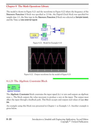 Chapter 8 The Math Operations Library
8−18 Introduction to Simulink with Engineering Applications, Second Edition
Copyright © Orchard Publications
The model is shown in Figure 8.21 and the waveforms in Figure 8.22 where the frequency of the
Sinewave Function 1 block was specified as , the Digital Clock block was specified for
sample time , the Sine type in the Sinewave Function 2 block was selected as Sample based,
and the Time as Use external signal.
Figure 8.21. Model for Example 8.18
Figure 8.22. Output waveforms for the model of Figure 8.21
8.1.23 The Algebraic Constraint Block
The Algebraic Constraint block constrains the input signal to zero and outputs an algebraic
state . The block outputs the value necessary to produce a zero at the input. The output must
affect the input through a feedback path. This block accepts and outputs real values of type dou-
ble.
An example using this block was presented in Chapter 1 as Example 1.3. Another example is
given below.
2.5 Hz
2.5
f z( )
z
 
