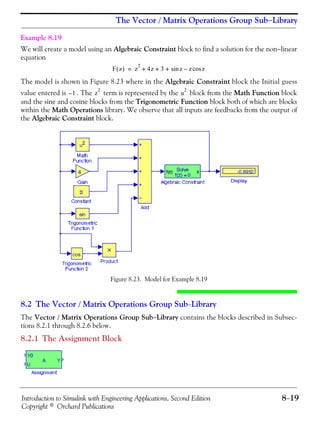 Introduction to Simulink with Engineering Applications, Second Edition 8−19
Copyright © Orchard Publications
The Vector / Matrix Operations Group Sub−Library
Example 8.19
We will create a model using an Algebraic Constraint block to find a solution for the non−linear
equation
The model is shown in Figure 8.23 where in the Algebraic Constraint block the Initial guess
value entered is . The term is represented by the block from the Math Function block
and the sine and cosine blocks from the Trigonometric Function block both of which are blocks
within the Math Operations library. We observe that all inputs are feedbacks from the output of
the Algebraic Constraint block.
Figure 8.23. Model for Example 8.19
8.2 The Vector / Matrix Operations Group Sub−Library
The Vector / Matrix Operations Group Sub−Library contains the blocks described in Subsec-
tions 8.2.1 through 8.2.6 below.
8.2.1 The Assignment Block
F z( ) z
2
4z 3 zsin z zcos–+ + +=
1– z
2
u
2
 