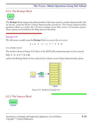 Introduction to Simulink with Engineering Applications, Second Edition 8−21
Copyright © Orchard Publications
The Vector / Matrix Operations Group Sub−Library
8.2.2 The Reshape Block
The Reshape block changes the dimensionality of the input signal to another dimensionality that
we specify, using the block's Output dimensionality parameter. The Output dimensionality
parameter allows us to select the 1−D array, Column vector, Row vector, or Customize options.
These options are described in the Help menu for this block.
Example 8.21
We will create a model using the Reshape block to convert the row vector
to a column vector.
The model is shown in Figure 8.25 where at the MATLAB command prompt we have entered
A=[1 0 −3 −2 5 7 9 4 6];
and for the Reshape block we have selected the Column vector Output dimensionality option.
Figure 8.25. Model for Example 8.21
8.2.3 The Squeeze Block
A 1 0 3 2 5 7 9 4 6––[ ]=
 