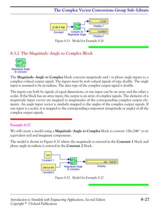 Introduction to Simulink with Engineering Applications, Second Edition 8−27
Copyright © Orchard Publications
The Complex Vector Conversions Group Sub−Library
Figure 8.31. Model for Example 8.26
8.3.2 The Magnitude−Angle to Complex Block
The Magnitude−Angle to Complex block converts magnitude and / or phase angle inputs to a
complex−valued output signal. The inputs must be real−valued signals of type double. The angle
input is assumed to be in radians. The data type of the complex output signal is double.
The inputs can both be signals of equal dimensions, or one input can be an array and the other a
scalar. If the block has an array input, the output is an array of complex signals. The elements of a
magnitude input vector are mapped to magnitudes of the corresponding complex output ele-
ments. An angle input vector is similarly mapped to the angles of the complex output signals. If
one input is a scalar, it is mapped to the corresponding component (magnitude or angle) of all the
complex output signals.
Example 8.27
We will create a model using a Magnitude−Angle to Complex block to convert to its
equivalent real and imaginary components.
The model is shown in Figure 8.32 where the magnitude is entered in the Constant 1 block and
phase angle in radians is entered in the Constant 2 block.
Figure 8.32. Model for Example 8.27
120 240°∠
 