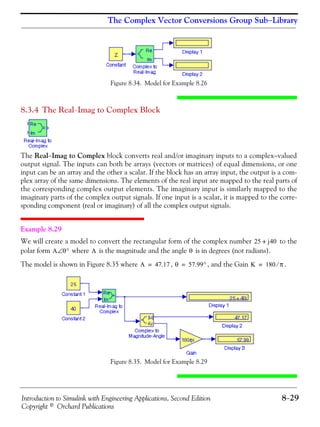 Introduction to Simulink with Engineering Applications, Second Edition 8−29
Copyright © Orchard Publications
The Complex Vector Conversions Group Sub−Library
Figure 8.34. Model for Example 8.26
8.3.4 The Real−Imag to Complex Block
The Real−Imag to Complex block converts real and/or imaginary inputs to a complex−valued
output signal. The inputs can both be arrays (vectors or matrices) of equal dimensions, or one
input can be an array and the other a scalar. If the block has an array input, the output is a com-
plex array of the same dimensions. The elements of the real input are mapped to the real parts of
the corresponding complex output elements. The imaginary input is similarly mapped to the
imaginary parts of the complex output signals. If one input is a scalar, it is mapped to the corre-
sponding component (real or imaginary) of all the complex output signals.
Example 8.29
We will create a model to convert the rectangular form of the complex number to the
polar form where is the magnitude and the angle is in degrees (not radians).
The model is shown in Figure 8.35 where , , and the Gain .
Figure 8.35. Model for Example 8.29
25 j40+
A θ°∠ A θ
A 47.17= θ 57.99°= K 180 π⁄=
 