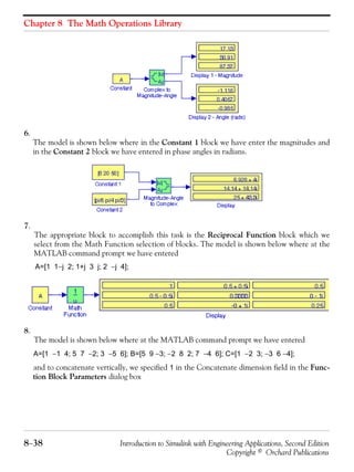 Chapter 8 The Math Operations Library
8−38 Introduction to Simulink with Engineering Applications, Second Edition
Copyright © Orchard Publications
6.
The model is shown below where in the Constant 1 block we have enter the magnitudes and
in the Constant 2 block we have entered in phase angles in radians.
7.
The appropriate block to accomplish this task is the Reciprocal Function block which we
select from the Math Function selection of blocks. The model is shown below where at the
MATLAB command prompt we have entered
A=[1 1−j 2; 1+j 3 j; 2 −j 4];
8.
The model is shown below where at the MATLAB command prompt we have entered
A=[1 −1 4; 5 7 −2; 3 −5 6]; B=[5 9 −3; −2 8 2; 7 −4 6]; C=[1 −2 3; −3 6 −4];
and to concatenate vertically, we specified 1 in the Concatenate dimension field in the Func-
tion Block Parameters dialog box
 