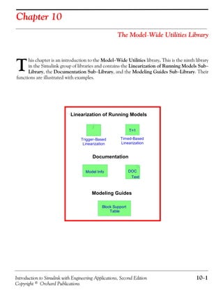 Introduction to Simulink with Engineering Applications, Second Edition 10−1
Copyright © Orchard Publications
Chapter 10
The Model−Wide Utilities Library
his chapter is an introduction to the Model−Wide Utilities library. This is the ninth library
in the Simulink group of libraries and contains the Linearization of Running Models Sub−
Library, the Documentation Sub−Library, and the Modeling Guides Sub−Library. Their
functions are illustrated with examples.
T
Linearization of Running Models
Documentation
Modeling Guides
Trigger-Based
Linearization
Timed-Based
Linearization
T=1
Model Info DOC
Text
Block Support
Table
 