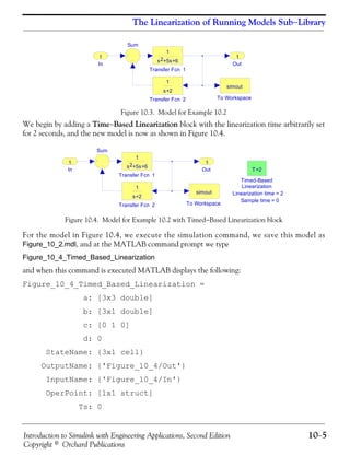 Introduction to Simulink with Engineering Applications, Second Edition 10−5
Copyright © Orchard Publications
The Linearization of Running Models Sub−Library
Figure 10.3. Model for Example 10.2
We begin by adding a Time−Based Linearization block with the linearization time arbitrarily set
for 2 seconds, and the new model is now as shown in Figure 10.4.
Figure 10.4. Model for Example 10.2 with Timed−Based Linearization block
For the model in Figure 10.4, we execute the simulation command, we save this model as
Figure_10_2.mdl, and at the MATLAB command prompt we type
Figure_10_4_Timed_Based_Linearization
and when this command is executed MATLAB displays the following:
Figure_10_4_Timed_Based_Linearization =
a: [3x3 double]
b: [3x1 double]
c: [0 1 0]
d: 0
StateName: {3x1 cell}
OutputName: {'Figure_10_4/Out'}
InputName: {'Figure_10_4/In'}
OperPoint: [1x1 struct]
Ts: 0
Out
1
Transfer Fcn 2
1
s+2
Transfer Fcn 1
1
s +5s+62
To Workspace
simout
Sum
In
1
Linearization time = 2
Sample time = 0
Out
1
Transfer Fcn 2
1
s+2
Transfer Fcn 1
1
s +5s+62
To Workspace
simout
Timed-Based
Linearization
T=2
Sum
In
1
 