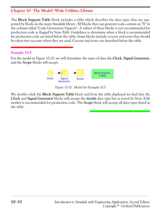 Chapter 10 The Model−Wide Utilities Library
10−10 Introduction to Simulink with Engineering Applications, Second Edition
Copyright © Orchard Publications
The Block Support Table block includes a table which describes the data types that are sup-
ported by blocks in the main Simulink library. All blocks that can generate code contain an "X" in
the column titled "Code Generation Support". A subset of these blocks is not recommended for
production code as flagged by Note X(4). Guidelines to determine when a block is recommended
for production code are listed below the table. Some blocks include caveats and notes that should
be taken into account when they are used. Caveats and notes are described below the table.
Example 10.5
For the model in Figure 10.10, we will determine the types of data the Clock, Signal Generator,
and the Scope blocks will accept.
Figure 10.10. Model for Example 10.5
We double−click the Block Support Table block and from the table displayed we find that the
Clock and Signal Generator blocks will accept the double data type but as noted by Note X(4)
neither is recommended for production code. The Scope block will accept all data types listed in
the table.
Signal
Generator
t
ScopeClock
Block Support
Table
 