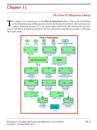 Introduction to Simulink with Engineering Applications, Second Edition 11−1
Copyright © Orchard Publications
Chapter 11
The Ports & Subsystems Library
his chapter is an introduction to the Ports & Subsystems library. This is the tenth library
in the Simulink group of libraries and contains the blocks shown below. All nonvirtual sub-
systems, defined in Section 11.17, are shown with a bold border.We will describe the func-
tion of each block included in this library and we will perform simulation examples to illustrate
their application.
T
 