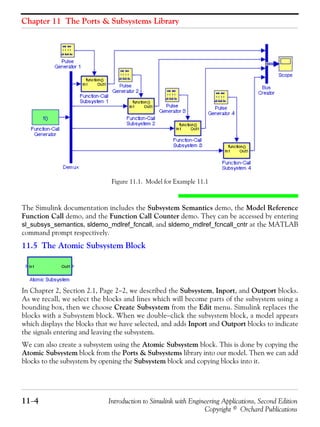 Chapter 11 The Ports & Subsystems Library
11−4 Introduction to Simulink with Engineering Applications, Second Edition
Copyright © Orchard Publications
Figure 11.1. Model for Example 11.1
The Simulink documentation includes the Subsystem Semantics demo, the Model Reference
Function Call demo, and the Function Call Counter demo. They can be accessed by entering
sl_subsys_semantics, sldemo_mdlref_fcncall, and sldemo_mdlref_fcncall_cntr at the MATLAB
command prompt respectively.
11.5 The Atomic Subsystem Block
In Chapter 2, Section 2.1, Page 2−2, we described the Subsystem, Inport, and Outport blocks.
As we recall, we select the blocks and lines which will become parts of the subsystem using a
bounding box, then we choose Create Subsystem from the Edit menu. Simulink replaces the
blocks with a Subsystem block. When we double−click the subsystem block, a model appears
which displays the blocks that we have selected, and adds Inport and Outport blocks to indicate
the signals entering and leaving the subsystem.
We can also create a subsystem using the Atomic Subsystem block. This is done by copying the
Atomic Subsystem block from the Ports & Subsystems library into our model. Then we can add
blocks to the subsystem by opening the Subsystem block and copying blocks into it.
 