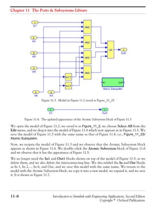 Chapter 11 The Ports & Subsystems Library
11−6 Introduction to Simulink with Engineering Applications, Second Edition
Copyright © Orchard Publications
Figure 11.3. Model in Figure 11.2 saved as Figure_11_2S
Figure 11.4. The updated appearance of the Atomic Subsystem block of Figure 11.3
We open the model of Figure 11.2, we saved it as Figure_11_2, we choose Select All from the
Edit menu, and we drag it into the model of Figure 11.4 which now appears as in Figure 11.5. We
save the model of Figure 11.5 with the same name as that of Figure 11.4, i.e., Figure_11_2S/
Atomic Subsystem.
Now, we reopen the model of Figure 11.3 and we observe that the Atomic Subsystem block
appears as shown in Figure 11.6. We double−click the Atomic Subsystem block of Figure 11.6
and we observe that it has the appearance of Figure 11.5.
We no longer need the In1 and Out1 blocks shown on top of the model of Figure 11.5, so we
delete them, and we also delete the interconnecting line. We also relabel the In and Out blocks
as In 1, In 2,..., In 6, and Out, and we save this model with the same name. We return to the
model with the Atomic Subsystem block, we copy it into a new model, we expand it, and we save
it. It is shown as Figure 11.7.
 