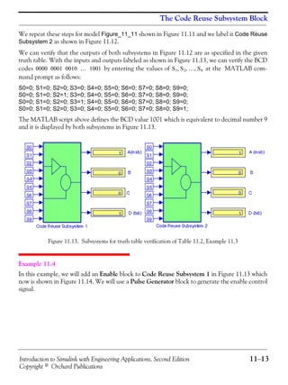Introduction to Simulink with Engineering Applications, Second Edition 11−13
Copyright © Orchard Publications
The Code Reuse Subsystem Block
We repeat these steps for model Figure_11_11 shown in Figure 11.11 and we label it Code Reuse
Subsystem 2 as shown in Figure 11.12.
We can verify that the outputs of both subsystems in Figure 11.12 are as specified in the given
truth table. With the inputs and outputs labeled as shown in Figure 11.13, we can verify the BCD
codes by entering the values of at the MATLAB com-
mand prompt as follows:
S0=0; S1=0; S2=0; S3=0; S4=0; S5=0; S6=0; S7=0; S8=0; S9=0;
S0=0; S1=0; S2=1; S3=0; S4=0; S5=0; S6=0; S7=0; S8=0; S9=0;
S0=0; S1=0; S2=0; S3=1; S4=0; S5=0; S6=0; S7=0; S8=0; S9=0;
S0=0; S1=0; S2=0; S3=0; S4=0; S5=0; S6=0; S7=0; S8=0; S9=1;
The MATLAB script above defines the BCD value 1001 which is equivalent to decimal number 9
and it is displayed by both subsystems in Figure 11.13.
Figure 11.13. Subsystems for truth table verification of Table 11.2, Example 11.3
Example 11.4
In this example, we will add an Enable block to Code Reuse Subsystem 1 in Figure 11.13 which
now is shown in Figure 11.14. We will use a Pulse Generator block to generate the enable control
signal.
0000 0001 0010 … 1001 S1 S2 … S9, , ,
 