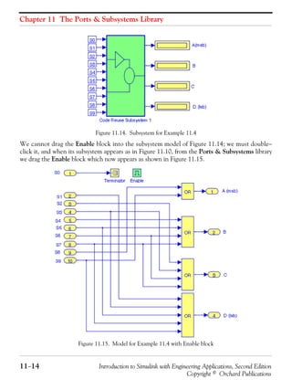 Chapter 11 The Ports & Subsystems Library
11−14 Introduction to Simulink with Engineering Applications, Second Edition
Copyright © Orchard Publications
Figure 11.14. Subsystem for Example 11.4
We cannot drag the Enable block into the subsystem model of Figure 11.14; we must double−
click it, and when its subsystem appears as in Figure 11.10, from the Ports & Subsystems library
we drag the Enable block which now appears as shown in Figure 11.15.
Figure 11.15. Model for Example 11.4 with Enable block
 
