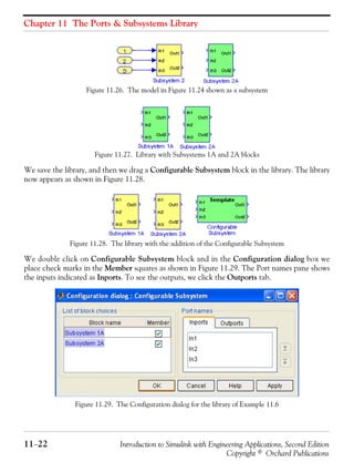 Chapter 11 The Ports & Subsystems Library
11−22 Introduction to Simulink with Engineering Applications, Second Edition
Copyright © Orchard Publications
Figure 11.26. The model in Figure 11.24 shown as a subsystem
Figure 11.27. Library with Subsystems 1A and 2A blocks
We save the library, and then we drag a Configurable Subsystem block in the library. The library
now appears as shown in Figure 11.28.
Figure 11.28. The library with the addition of the Configurable Subsystem
We double click on Configurable Subsystem block and in the Configuration dialog box we
place check marks in the Member squares as shown in Figure 11.29. The Port names pane shows
the inputs indicated as Inports. To see the outputs, we click the Outports tab.
Figure 11.29. The Configuration dialog for the library of Example 11.6
 