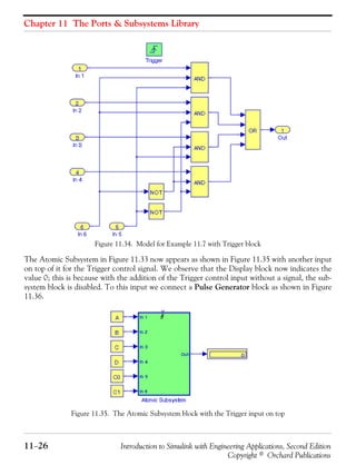 Chapter 11 The Ports & Subsystems Library
11−26 Introduction to Simulink with Engineering Applications, Second Edition
Copyright © Orchard Publications
Figure 11.34. Model for Example 11.7 with Trigger block
The Atomic Subsystem in Figure 11.33 now appears as shown in Figure 11.35 with another input
on top of it for the Trigger control signal. We observe that the Display block now indicates the
value 0; this is because with the addition of the Trigger control input without a signal, the sub-
system block is disabled. To this input we connect a Pulse Generator block as shown in Figure
11.36.
Figure 11.35. The Atomic Subsystem block with the Trigger input on top
 