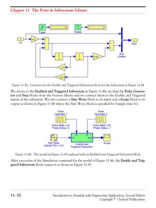 Chapter 11 The Ports & Subsystems Library
11−32 Introduction to Simulink with Engineering Applications, Second Edition
Copyright © Orchard Publications
Figure 11.45. Contents for the Enable and Triggered Subsystem block for the Subsystem in Figure 11.44
We return to the Enabled and Triggered Subsystem in Figure 11.44, we drag the Pulse Genera-
tor and Step blocks from the Sources library and we connect them to the Enable and Triggered
inputs of the subsystem. We also connect a Sine Wave block to its input and a Scope block to its
output as shown in Figure 11.46 where the Sine Wave block is specified for Sample time .
Figure 11.46. The model in Figure 11.43 replaced with an Enabled and Triggered Subsystem block
After execution of the Simulation command for the model of Figure 11.46, the Enable and Trig-
gered Subsystem block output is as shown in Figure 11.47.
0.2
 