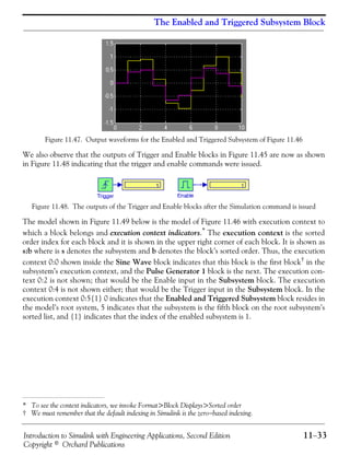 Introduction to Simulink with Engineering Applications, Second Edition 11−33
Copyright © Orchard Publications
The Enabled and Triggered Subsystem Block
Figure 11.47. Output waveforms for the Enabled and Triggered Subsystem of Figure 11.46
We also observe that the outputs of Trigger and Enable blocks in Figure 11.45 are now as shown
in Figure 11.48 indicating that the trigger and enable commands were issued.
Figure 11.48. The outputs of the Trigger and Enable blocks after the Simulation command is issued
The model shown in Figure 11.49 below is the model of Figure 11.46 with execution context to
which a block belongs and execution context indicators.*
The execution context is the sorted
order index for each block and it is shown in the upper right corner of each block. It is shown as
s:b where is s denotes the subsystem and b denotes the block’s sorted order. Thus, the execution
context 0:0 shown inside the Sine Wave block indicates that this block is the first block† in the
subsystem’s execution context, and the Pulse Generator 1 block is the next. The execution con-
text 0:2 is not shown; that would be the Enable input in the Subsystem block. The execution
context 0:4 is not shown either; that would be the Trigger input in the Subsystem block. In the
execution context 0:5{1} 0 indicates that the Enabled and Triggered Subsystem block resides in
the model’s root system, 5 indicates that the subsystem is the fifth block on the root subsystem’s
sorted list, and {1} indicates that the index of the enabled subsystem is 1.
* To see the context indicators, we invoke Format>Block Displays>Sorted order
† We must remember that the default indexing in Simulink is the zero−based indexing.
 