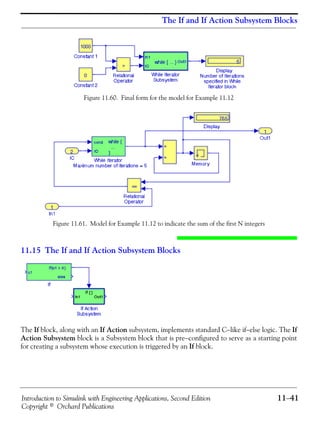 Introduction to Simulink with Engineering Applications, Second Edition 11−41
Copyright © Orchard Publications
The If and If Action Subsystem Blocks
Figure 11.60. Final form for the model for Example 11.12
Figure 11.61. Model for Example 11.12 to indicate the sum of the first N integers
11.15 The If and If Action Subsystem Blocks
The If block, along with an If Action subsystem, implements standard C−like if−else logic. The If
Action Subsystem block is a Subsystem block that is pre−configured to serve as a starting point
for creating a subsystem whose execution is triggered by an If block.
 