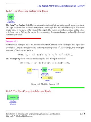 Introduction to Simulink with Engineering Applications, Second Edition 12−5
Copyright © Orchard Publications
The Signal Attribute Manipulation Sub−Library
12.1.4 The Data Type Scaling Strip Block
The Data Type Scaling Strip block removes the scaling off a fixed−point signal. It maps the input
data type to the smallest built in data type that has enough data bits to hold the input. The stored
integer value of the input is the value of the output. The output always has nominal scaling (slope
= 1.0 and bias = 0.0), so the output does not make a distinction between real world value and
stored integer value.
Example 12.3
For the model in Figure 12.5, the parameters for the Constant block the Signal data types were
specified as Output data type ufix(8) and output scaling value . Accordingly, the binary pre-
sentation of the constant is
The Scaling Strip block removes the scaling and thus it outputs the value
Figure 12.5. Model for Example 12.3
12.1.5 The Data Conversion Inherited Block
2
3–
5.875
00101.111( )2 1 2
2
× 1 2
0
× 1 2
1–
× 1 2
2–
× 1 2
3–
×+ + + + 5.875( )10= =
00101111( )2 1 2
5
× 1 2
3
× 1 2
2
× 1 2
1
× 1 2
0
×+ + + + 47( )10= =
Display1
5.875
Display 2
47
Data Type
Scaling Strip
Scaling
Strip
Constant
5.875
ufix8_En3 uint8
 