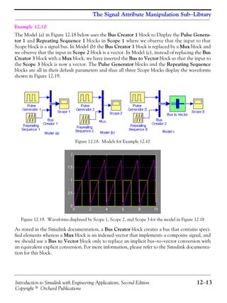Introduction to Simulink with Engineering Applications, Second Edition 12−13
Copyright © Orchard Publications
The Signal Attribute Manipulation Sub−Library
Example 12.10
The Model (a) in Figure 12.18 below uses the Bus Creator 1 block to Display the Pulse Genera-
tor 1 and Repeating Sequence 1 blocks in Scope 1 where we observe that the input to that
Scope block is a signal bus. In Model (b) the Bus Creator 1 block is replaced by a Mux block and
we observe that the input in Scope 2 block is a vector. In Model (c), instead of replacing the Bus
Creator 3 block with a Mux block, we have inserted the Bus to Vector block so that the input to
the Scope 3 block is now a vector. The Pulse Generator blocks and the Repeating Sequence
blocks are all in their default parameters and thus all three Scope blocks display the waveforms
shown in Figure 12.19.
Figure 12.18. Models for Example 12.10
Figure 12.19. Waveforms displayed by Scope 1, Scope 2, and Scope 3 for the model in Figure 12.18
As stated in the Simulink documentation, a Bus Creator block creates a bus that contains speci-
fied elements whereas a Mux block is an indexed vector that implements a composite signal, and
we should use a Bus to Vector block only to replace an implicit bus−to−vector conversion with
an equivalent explicit conversion. For more information, please refer to the Simulink documenta-
tion for this block.
 