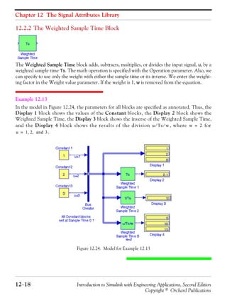 Chapter 12 The Signal Attributes Library
12−18 Introduction to Simulink with Engineering Applications, Second Edition
Copyright © Orchard Publications
12.2.2 The Weighted Sample Time Block
The Weighted Sample Time block adds, subtracts, multiplies, or divides the input signal, u, by a
weighted sample time Ts. The math operation is specified with the Operation parameter. Also, we
can specify to use only the weight with either the sample time or its inverse. We enter the weight-
ing factor in the Weight value parameter. If the weight is 1, w is removed from the equation.
Example 12.13
In the model in Figure 12.24, the parameters for all blocks are specified as annotated. Thus, the
Display 1 block shows the values of the Constant blocks, the Display 2 block shows the
Weighted Sample Time, the Display 3 block shows the inverse of the Weighted Sample Time,
and the Display 4 block shows the results of the division , where for
.
Figure 12.24. Model for Example 12.13
u Ts⁄ w⁄ w 2=
u 1 2 and 3, ,=
 