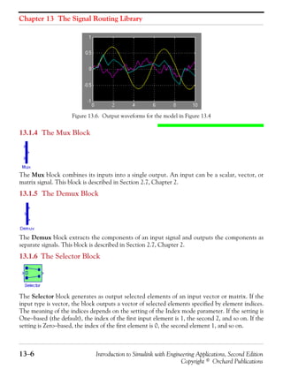 Chapter 13 The Signal Routing Library
13−6 Introduction to Simulink with Engineering Applications, Second Edition
Copyright © Orchard Publications
Figure 13.6. Output waveforms for the model in Figure 13.4
13.1.4 The Mux Block
The Mux block combines its inputs into a single output. An input can be a scalar, vector, or
matrix signal. This block is described in Section 2.7, Chapter 2.
13.1.5 The Demux Block
The Demux block extracts the components of an input signal and outputs the components as
separate signals. This block is described in Section 2.7, Chapter 2.
13.1.6 The Selector Block
The Selector block generates as output selected elements of an input vector or matrix. If the
input type is vector, the block outputs a vector of selected elements specified by element indices.
The meaning of the indices depends on the setting of the Index mode parameter. If the setting is
One−based (the default), the index of the first input element is 1, the second 2, and so on. If the
setting is Zero−based, the index of the first element is 0, the second element 1, and so on.
 