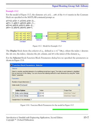 Introduction to Simulink with Engineering Applications, Second Edition 13−7
Copyright © Orchard Publications
Signal Routing Group Sub−Library
Example 13.2
For the model of Figure 13.7, the elements of the matrix in the Constant
block are specified at the MATLAB command prompt as:
a11=2; a12=−1; a13=0; a14=−3;...
a21=−1; a22=1; a23=0; a24=−1;...
a31=4; a32=0; a33=3; a34=−2;...
a41=−3; a42=0; a43=0; a44=1;
Figure 13.7. Model for Example 13.2
The Display block shows the cofactor of defined as , where the index denotes
the row, the index denotes the column, and is the minor of the element .
For the Selector block Function Block Parameters dialog box we specified the parameters as
shown in Figure 13.8.
Figure 13.8. Function Block Parameters for the model in Figure 13.7
a11 a12 …a44,, 4 4×
a11 1–( )
i j+
Mij[ ] i
ith j jth M aij
 