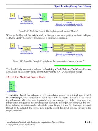 Introduction to Simulink with Engineering Applications, Second Edition 13−13
Copyright © Orchard Publications
Signal Routing Group Sub−Library
Figure 13.17. Model for Example 13.6 displaying the elements of Matrix A
When we double−click the Switch block, it changes to the lower position as shown in Figure
13.18, the Display block shows the elements of the inverted matrix A.
Figure 13.18. Model for Example 13.6 displaying the elements of the Inverse of Matrix A
The Simulink documentation includes the Modeling a Fault−Tolerant Fuel Control System
demo. It can be accessed by typing sldemo_fuelsys at the MATLAB command prompt.
13.1.11 The Multiport Switch Block
The Multiport Switch block chooses between a number of inputs. The first (top) input is called
the control input, while the rest of the inputs are called data inputs. The value of the control
input determines which data input is passed through to the output port. If the control input is an
integer value, the specified data input is passed through to the output. For example, if the one−
based indexing parameter is selected and the control input is 1, the first data input is passed
through to the output. If the control input is 2, the second data input is passed through to the
output, and so on.
 