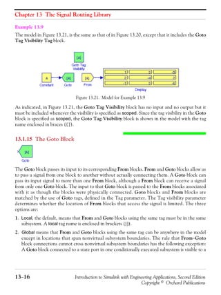 Chapter 13 The Signal Routing Library
13−16 Introduction to Simulink with Engineering Applications, Second Edition
Copyright © Orchard Publications
Example 13.9
The model in Figure 13.21, is the same as that of in Figure 13.20, except that it includes the Goto
Tag Visibility Tag block.
Figure 13.21. Model for Example 13.9
As indicated, in Figure 13.21, the Goto Tag Visibility block has no input and no output but it
must be included whenever the visibility is specified as scoped. Since the tag visibility in the Goto
block is specified as scoped, the Goto Tag Visibility block is shown in the model with the tag
name enclosed in braces ({}).
13.1.15 The Goto Block
The Goto block passes its input to its corresponding From blocks. From and Goto blocks allow us
to pass a signal from one block to another without actually connecting them. A Goto block can
pass its input signal to more than one From block, although a From block can receive a signal
from only one Goto block. The input to that Goto block is passed to the From blocks associated
with it as though the blocks were physically connected. Goto blocks and From blocks are
matched by the use of Goto tags, defined in the Tag parameter. The Tag visibility parameter
determines whether the location of From blocks that access the signal is limited. The three
options are:
1. Local, the default, means that From and Goto blocks using the same tag must be in the same
subsystem. A local tag name is enclosed in brackets ([]).
2. Global means that From and Goto blocks using the same tag can be anywhere in the model
except in locations that span nonvirtual subsystem boundaries. The rule that From−Goto
block connections cannot cross nonvirtual subsystem boundaries has the following exception:
A Goto block connected to a state port in one conditionally executed subsystem is visible to a
 