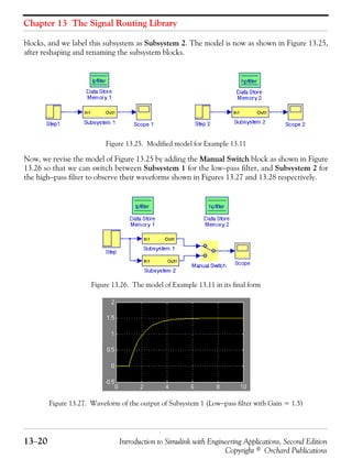 Chapter 13 The Signal Routing Library
13−20 Introduction to Simulink with Engineering Applications, Second Edition
Copyright © Orchard Publications
blocks, and we label this subsystem as Subsystem 2. The model is now as shown in Figure 13.25,
after reshaping and renaming the subsystem blocks.
Figure 13.25. Modified model for Example 13.11
Now, we revise the model of Figure 13.25 by adding the Manual Switch block as shown in Figure
13.26 so that we can switch between Subsystem 1 for the low−pass filter, and Subsystem 2 for
the high−pass filter to observe their waveforms shown in Figures 13.27 and 13.28 respectively.
Figure 13.26. The model of Example 13.11 in its final form
Figure 13.27. Waveform of the output of Subsystem 1 (Low−pass filter with Gain = 1.5)
 