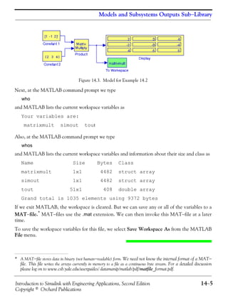 Introduction to Simulink with Engineering Applications, Second Edition 14−5
Copyright © Orchard Publications
Models and Subsystems Outputs Sub−Library
Figure 14.3. Model for Example 14.2
Next, at the MATLAB command prompt we type
who
and MATLAB lists the current workspace variables as
Your variables are:
matrixmult simout tout
Also, at the MATLAB command prompt we type
whos
and MATLAB lists the current workspace variables and information about their size and class as
Name Size Bytes Class
matrixmult 1x1 4482 struct array
simout 1x1 4482 struct array
tout 51x1 408 double array
Grand total is 1035 elements using 9372 bytes
If we exit MATLAB, the workspace is cleared. But we can save any or all of the variables to a
MAT−file.*
MAT−files use the .mat extension. We can then invoke this MAT−file at a later
time.
To save the workspace variables for this file, we select Save Workspace As from the MATLAB
File menu.
* A MAT−file stores data in binary (not human−readable) form. We need not know the internal format of a MAT−
file. This file writes the arrays currently in memory to a file as a continuous byte stream. For a detailed discussion
please log on to www.csb.yale.edu/userguides/ datamanip/matlab/pdf/matfile_format.pdf.
 