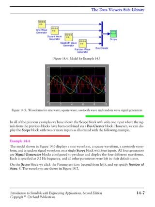 Introduction to Simulink with Engineering Applications, Second Edition 14−7
Copyright © Orchard Publications
The Data Viewers Sub−Library
Figure 14.4. Model for Example 14.3
Figure 14.5. Waveforms for sine wave, square wave, sawtooth wave and random wave signal generators
In all of the previous examples we have shown the Scope block with only one input where the sig-
nals from the previous blocks have been combined via a Bus Creator block. However, we can dis-
play the Scope block with two or more inputs as illustrated with the following example.
Example 14.4
The model shown in Figure 14.6 displays a sine waveform, a square waveform, a sawtooth wave-
form, and a random signal waveform on a single Scope block with four inputs. All four generators
are Signal Generator blocks configured to produce and display the four different waveforms.
Each is specified at 0.2 Hz frequency, and all other parameters were left in their default states.
On the Scope block we click the Parameters icon (second from left), and we specify Number of
Axes: 4. The waveforms are shown in Figure 14.7.
 